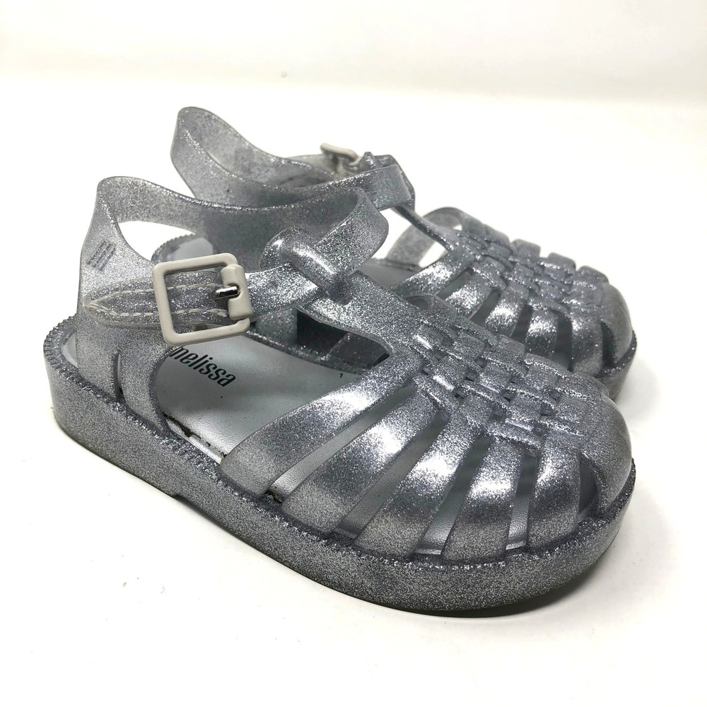 Mini Melissa Possesion Jelly Sandals Kids‎ Size 7 Silver Glitter Cage Shoes